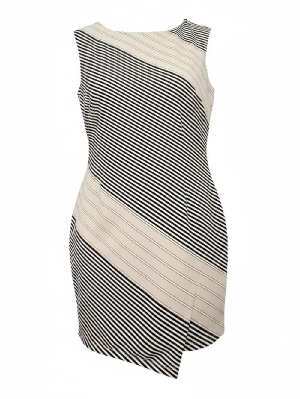 Ann Taylor Asymmetric Striped Sleeveless Sheath Dress Black Cream Print Size 8